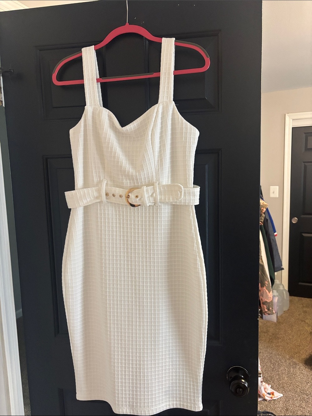 White Textured Belted Midi Dress